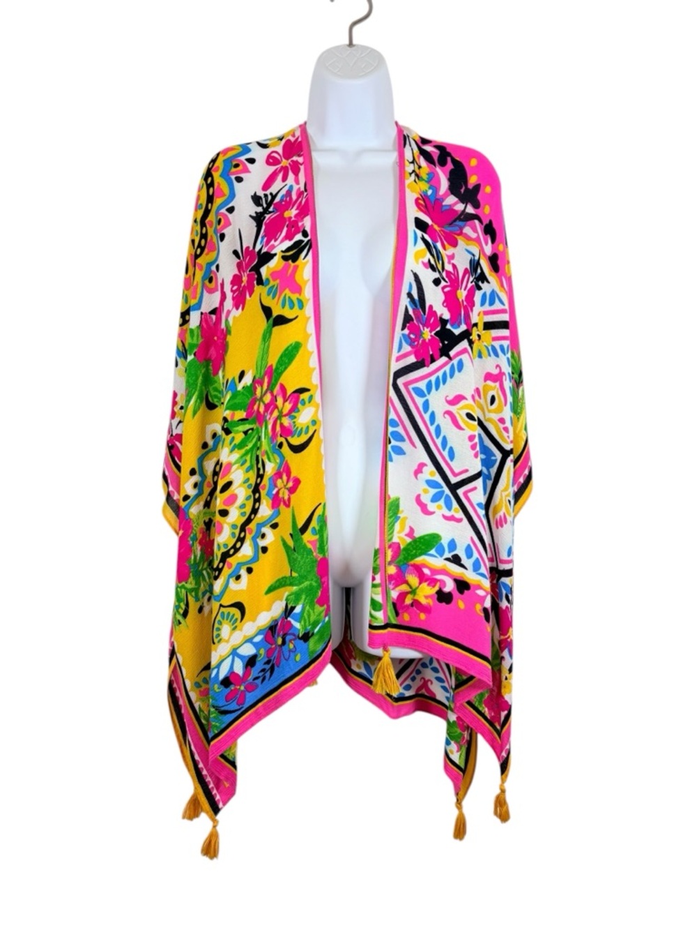 Bright Floral Kimono Cover Up Tassel Trim Boho Resort Duster One Size
